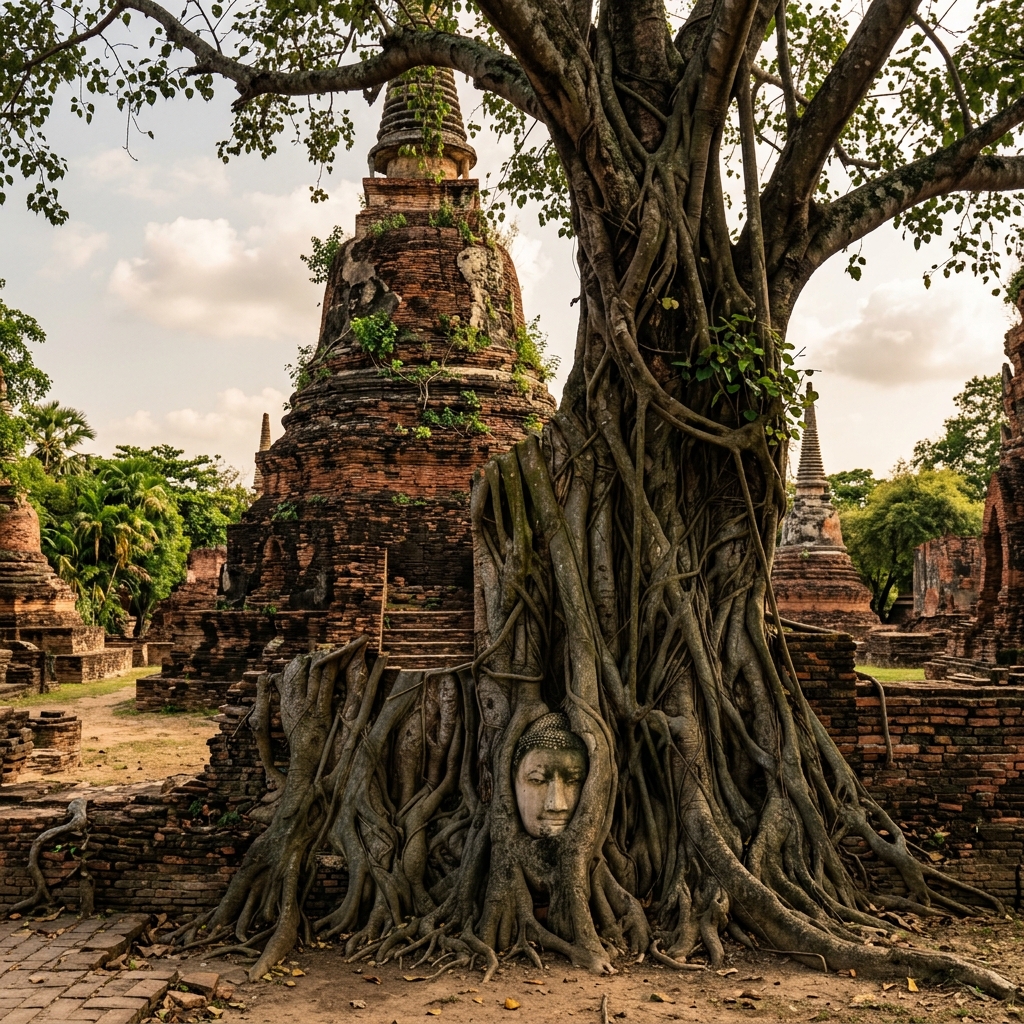 Ancient brick ruins and towers at Ayutthaya Historical Park