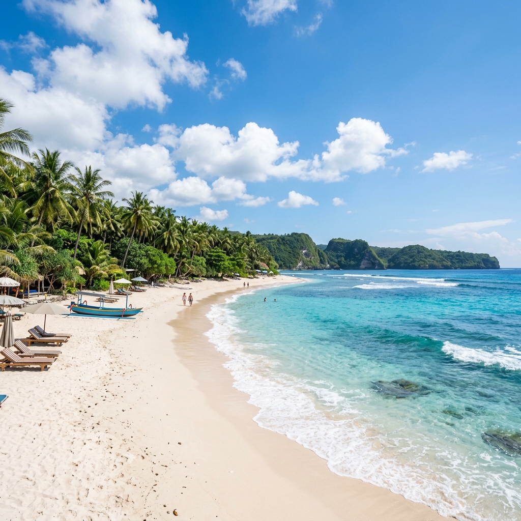 Sunny tropical beach in Bali with white sand and palm trees