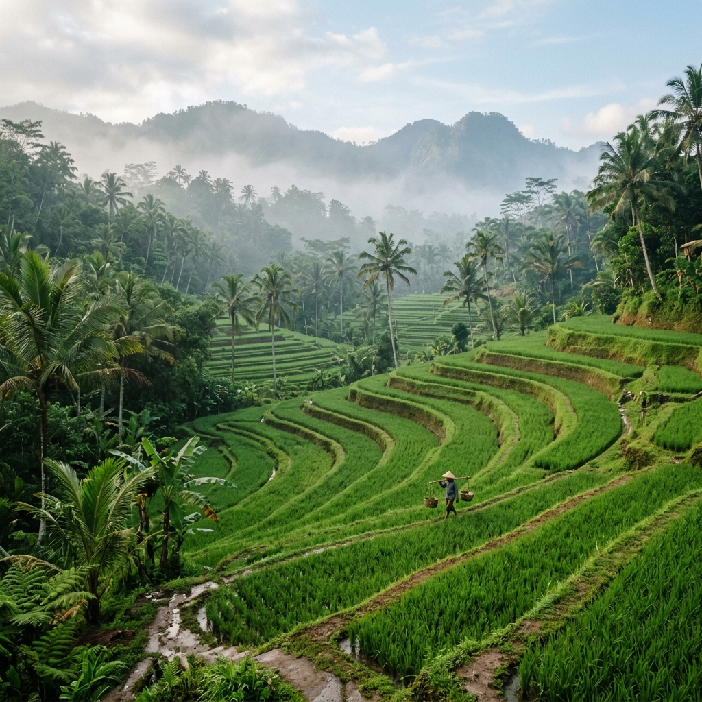 Beautiful green Ubud rice terraces with soft morning light