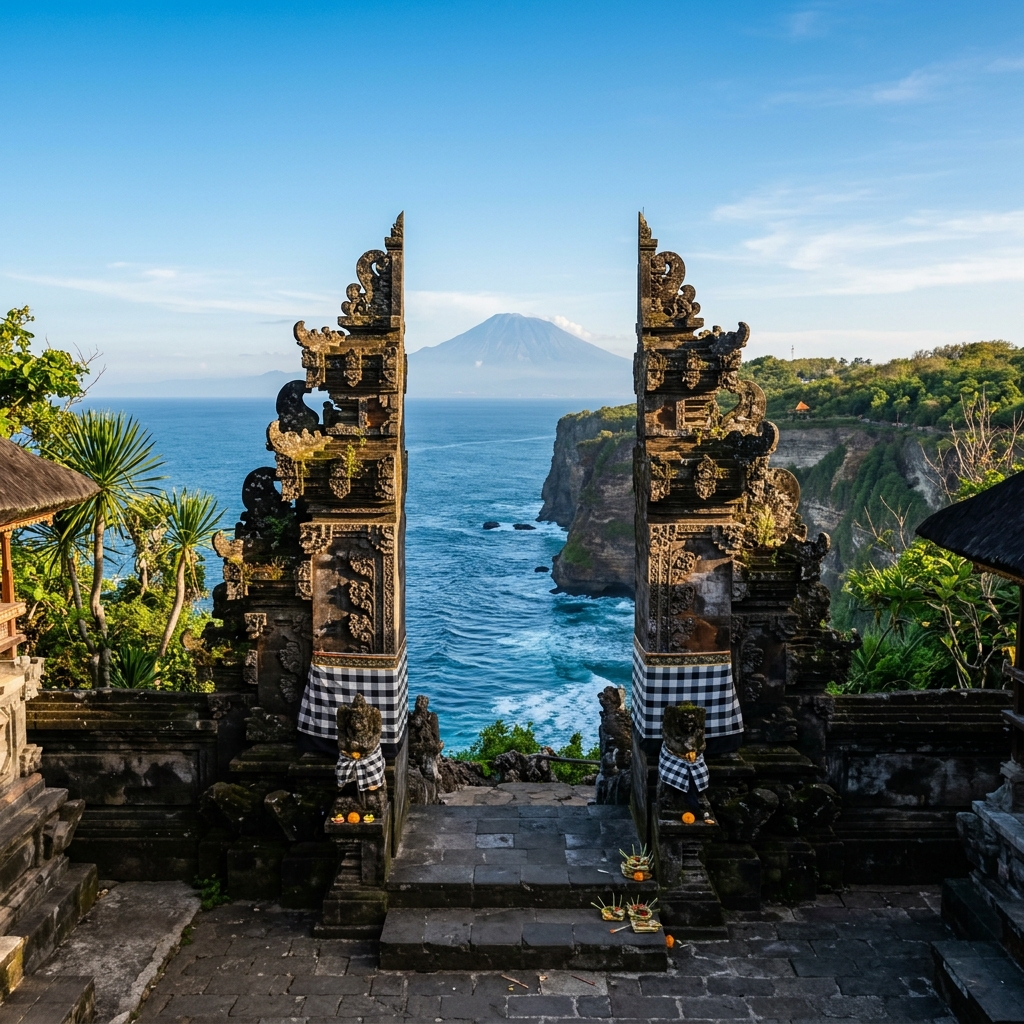 Traditional Balinese temple surrounded by mist and lush green gardens
