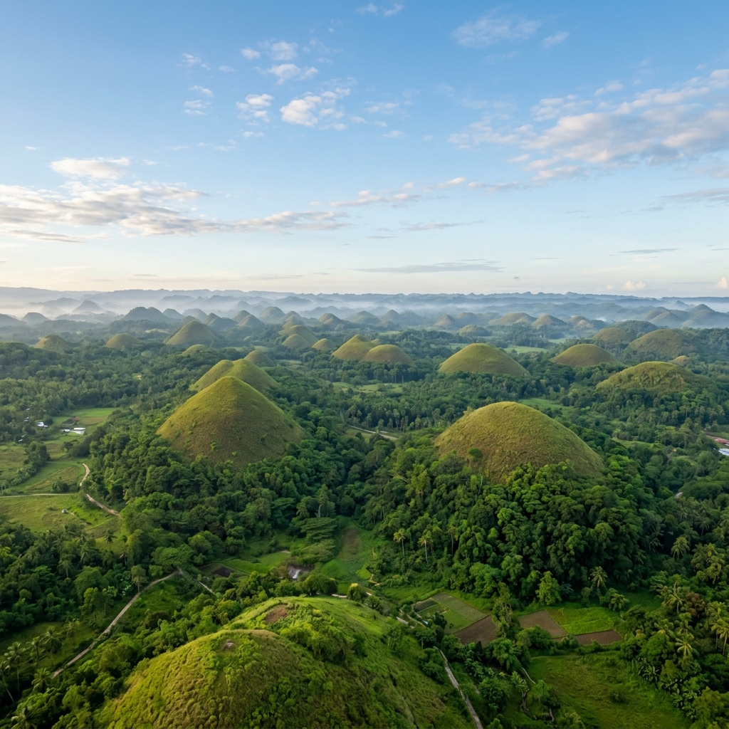 Symmetrical geological hills in Bohol stretching under a morning mist