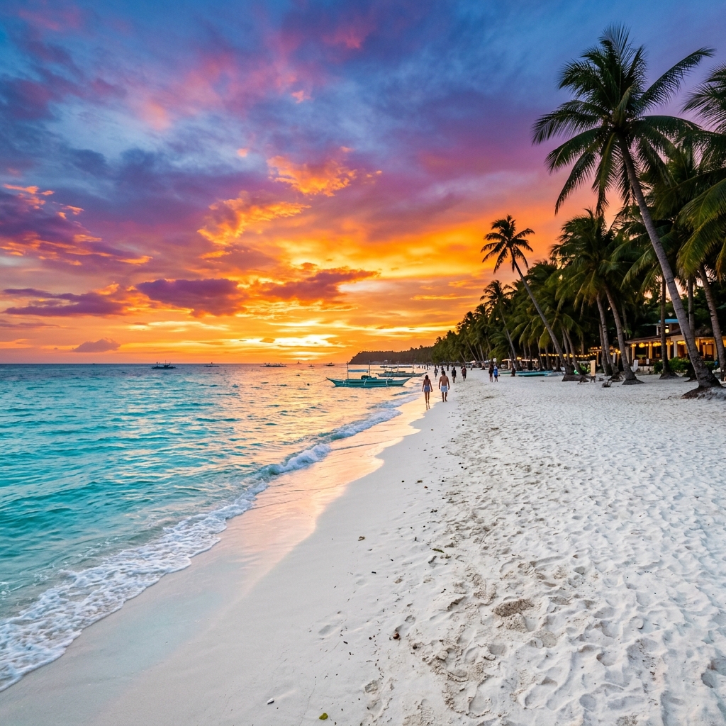 Fine powdery sand beach in Boracay at sunset