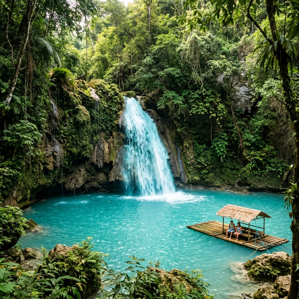 Vibrant turquoise blue waters of Kawasan Falls in Badian Cebu