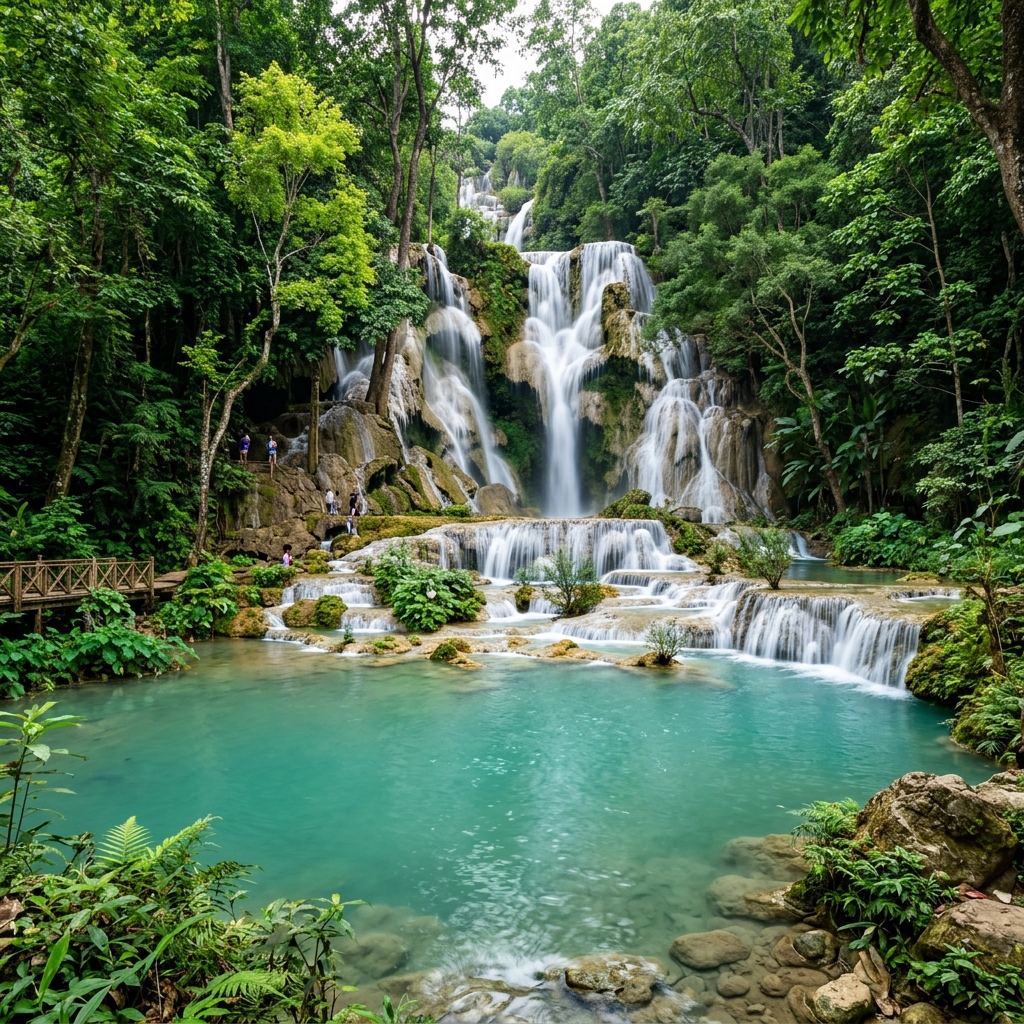 Turquoise tiered waterfalls cascading down white limestone pools at Erawan National Park