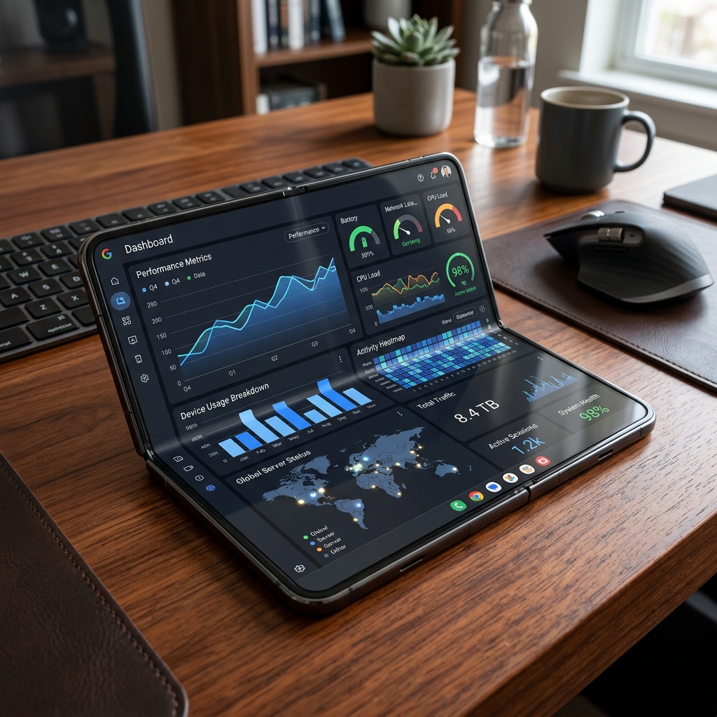 A premium foldable display smartphone displaying responsive layouts