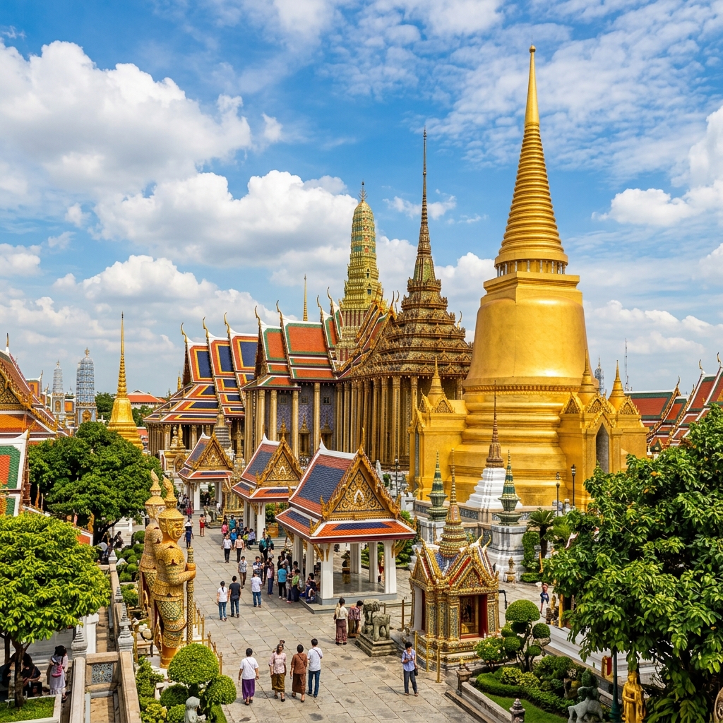 The spectacular Grand Palace and Wat Phra Kaew in Bangkok under a blue sky