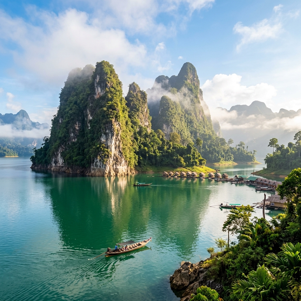 Scenic green mountains rising from the emerald water of Cheow Lan Lake in Khao Sok National Park