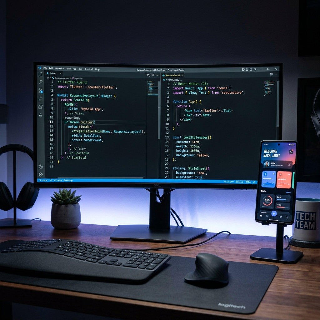 A high-tech computer monitor showing dynamic code editor and mobile simulator compilation
