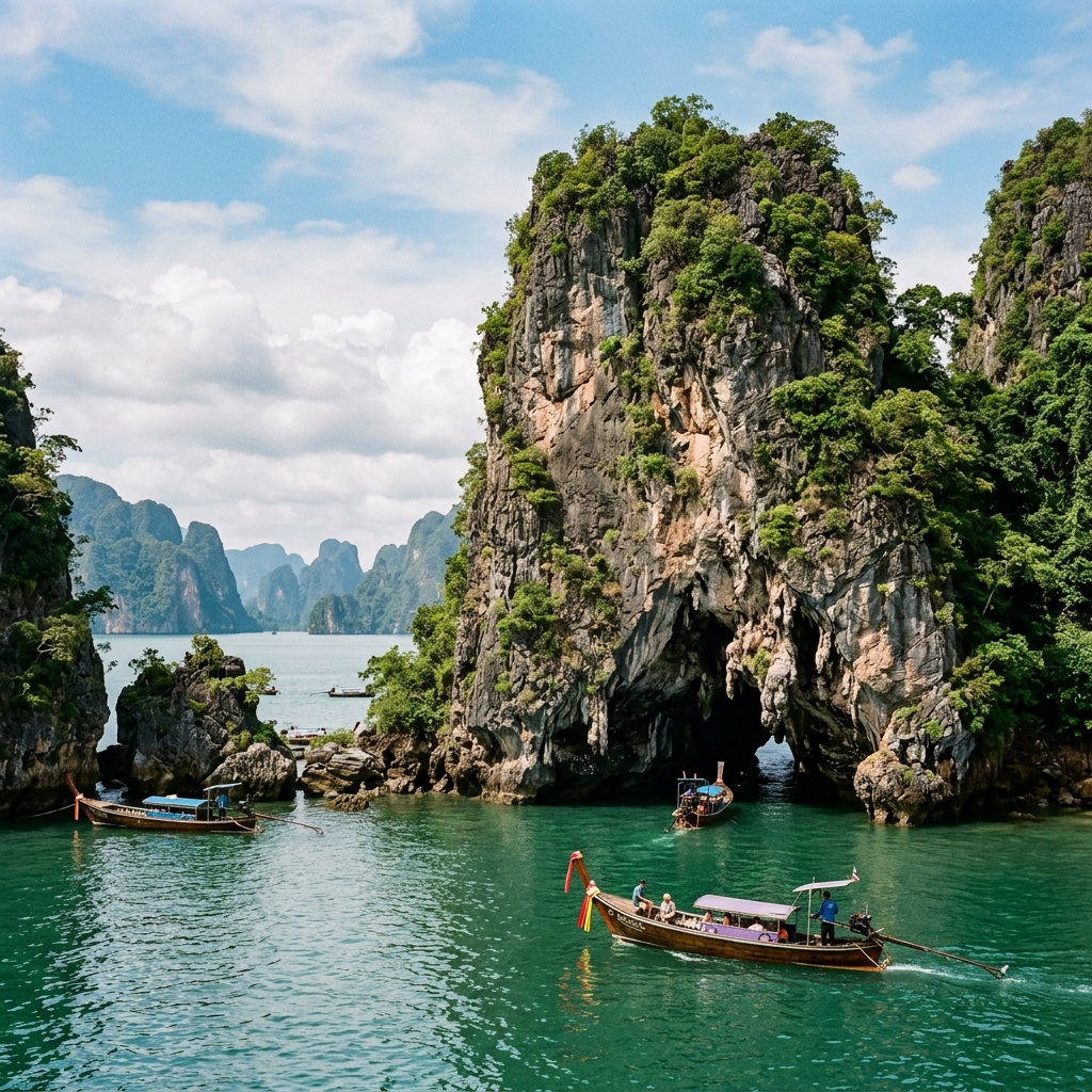 Vertical limestone cliffs rising out of green waters in Phang Nga Bay