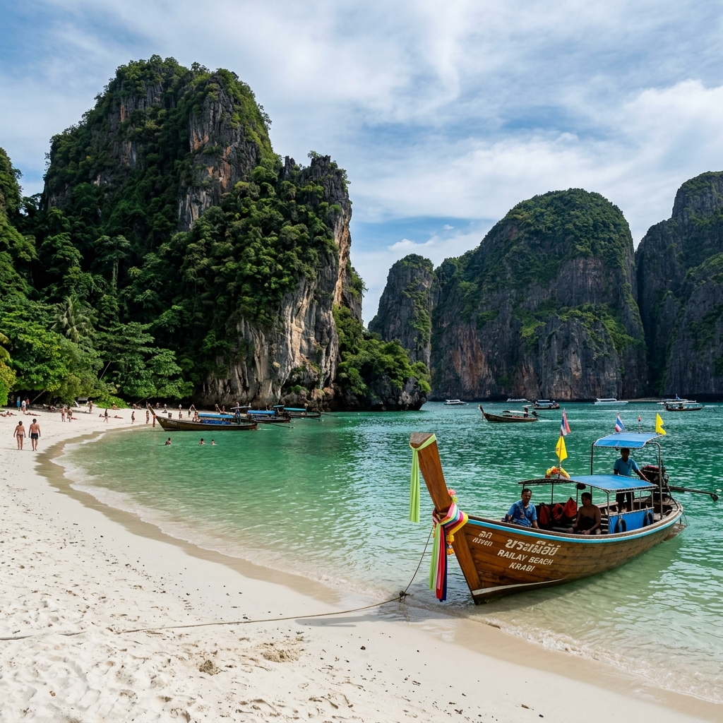 Vibrant turquoise sea and limestone cliffs at Railay Beach in Krabi