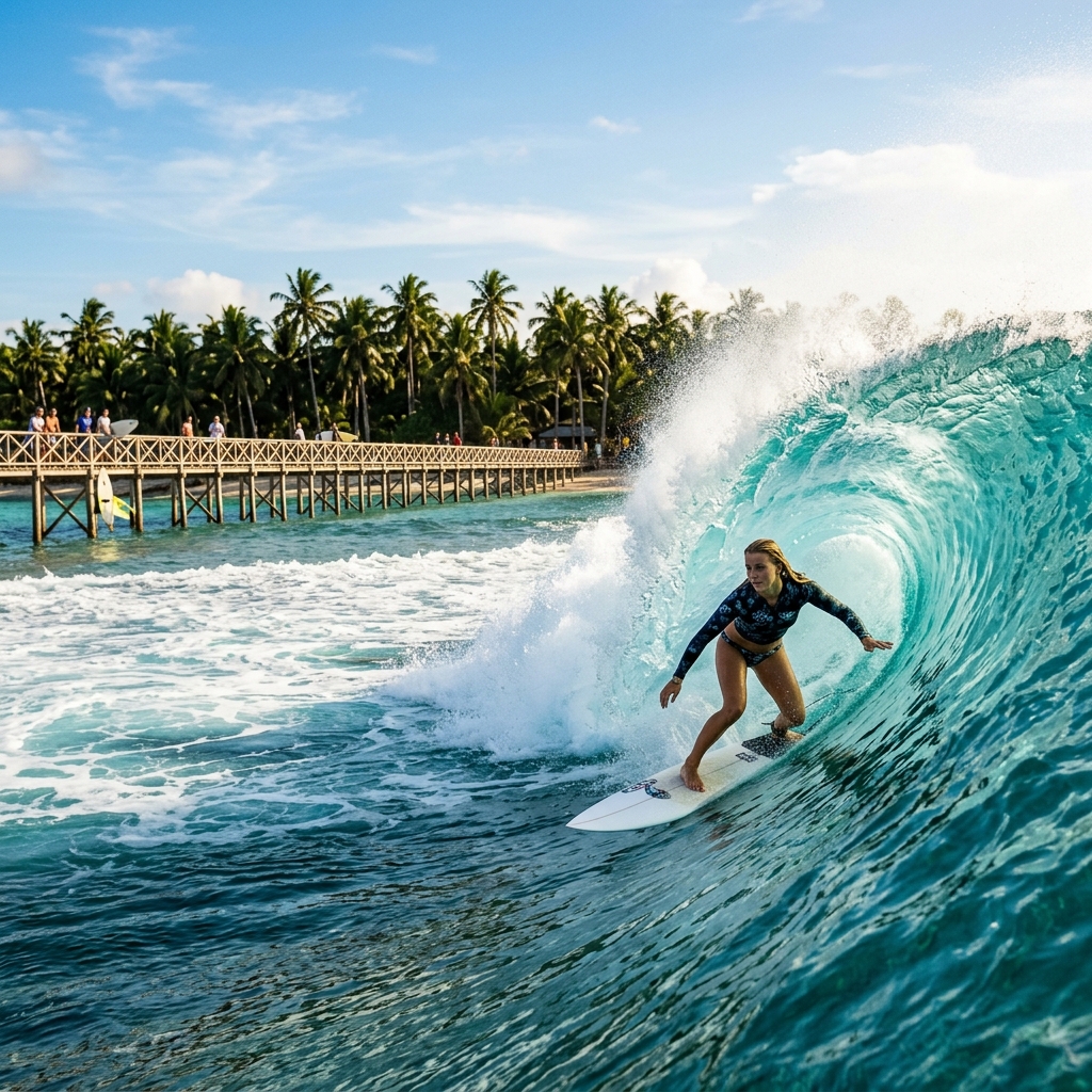 Surfer riding a wave at Cloud 9 in Siargao