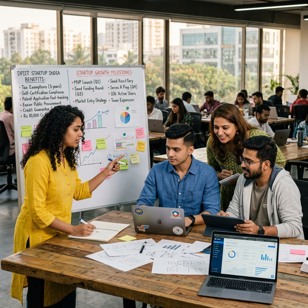 Vibrant young entrepreneurs collaborating under Startup India recognition