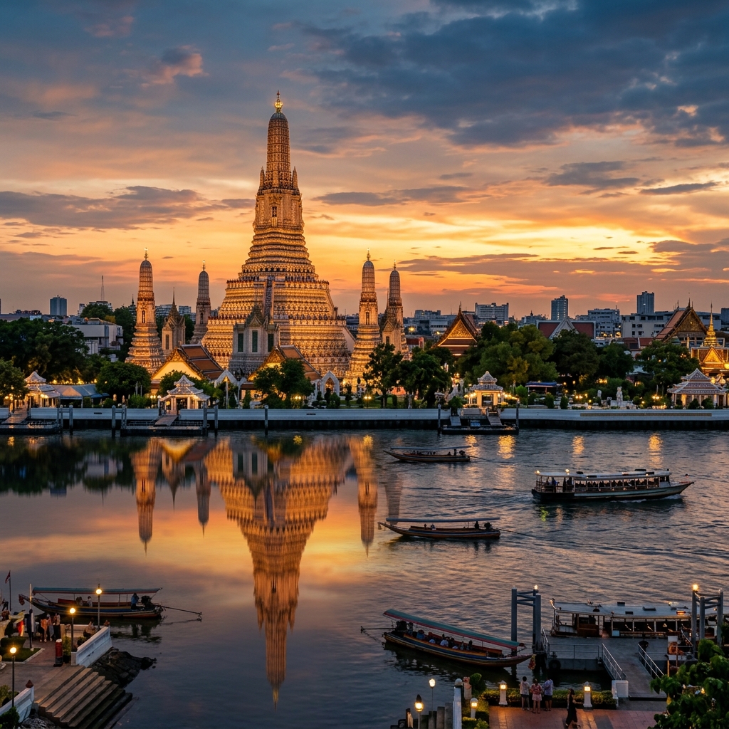 Wat Arun, the Temple of Dawn, glowing golden at sunset on the banks of Chao Phraya River